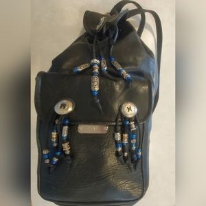 Hand Made Wearable Art,  black, leather, beaded, biker, festival, backpack